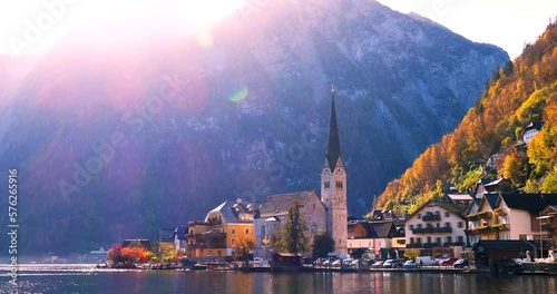 Scenic autumn view of the Evangelical church at the waterfront of the famous mountain village Hallstatt in the Salzkammergut region, OÖ, Austria