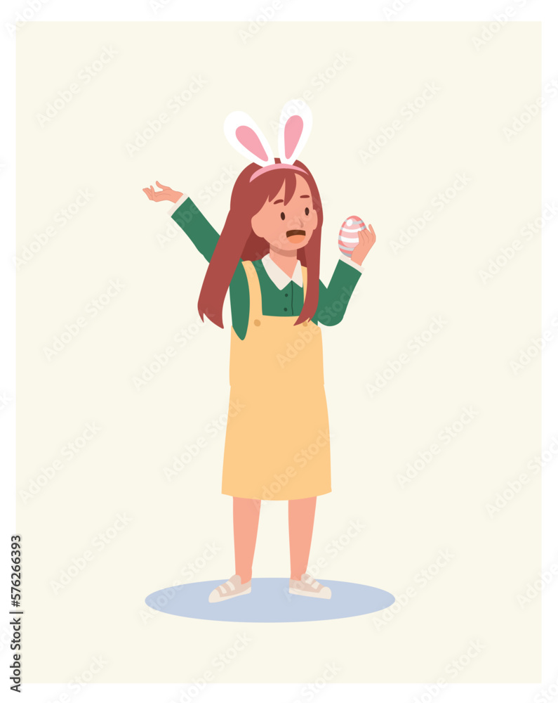 Happy Easter Day. Little girl with bunny ears is happy to found an Easter egg. Flat style vector illustration. Happy Easter Day. Little girl with bunny ears is happy to found an Easter egg. Flat style vector illustration.