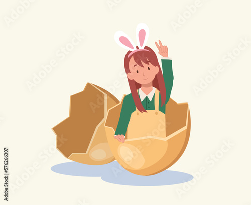 Happy Easter Day. Little girl with bunny ears in the egg shell. Flat style vector illustration