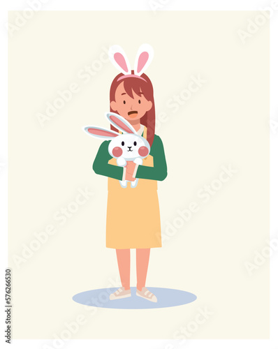 Happy Easter Day. Little girl with bunny ears is holding hugging an adorable bunny. Flat style vector illustration.