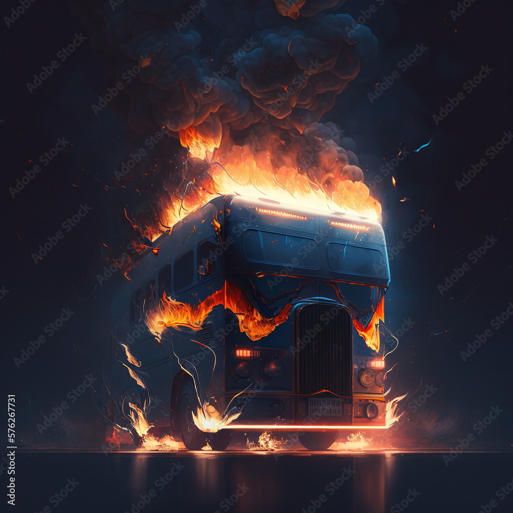 Moving bus with raging fire and smoke on dark background. AI generated.