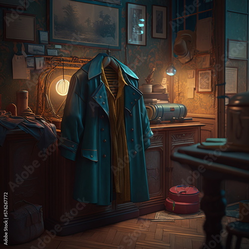 Vintage style coat hanging in a vintage style room. AI Generated