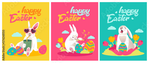 Happy easter  vector greeting cards with cute bunnies  easter eggs and flowers.