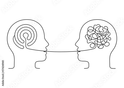 People talk, therapy speech outline. Tangle confused and untangle logic thinking brain. Psychotherapy communication. Conversation two person, dialog speak. Vector continuous line illustration
