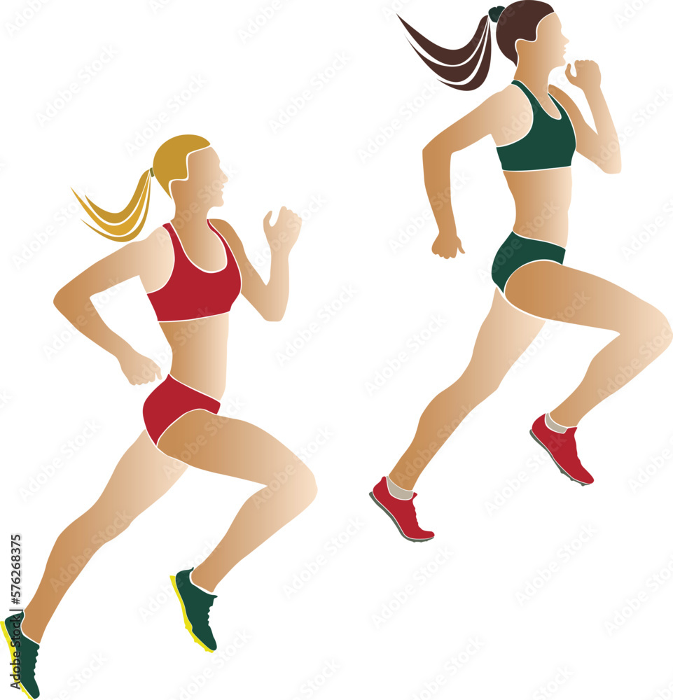 two women athletes runners color silhouettes