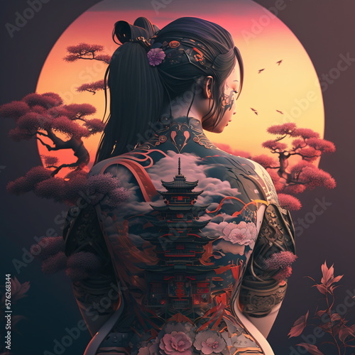 Japanese tattoo of a Japanese shrine on the back of a Japanese woman with a rising sun background and pink bonsai trees. AI Generated