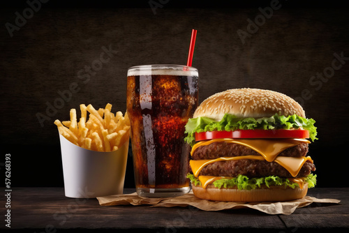 Fototapete Burger, french fries, cola drink on black background