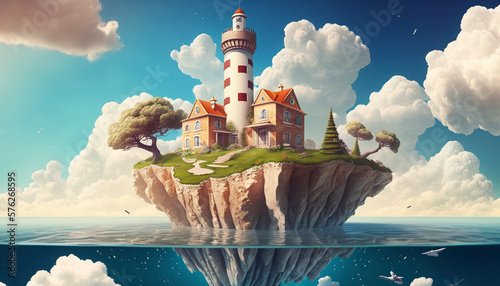 A Colorful, Cheerful and Exotic Floating Island with a Modern Manor and Stylized Lighthouse - Generative Ai photo