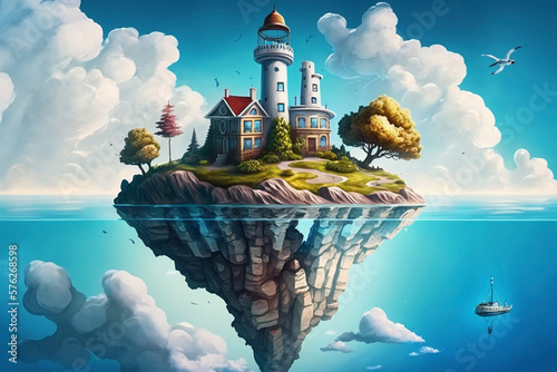 A Colorful, Cheerful and Exotic Floating Island with a Modern Manor and Stylized Lighthouse - Generative Ai