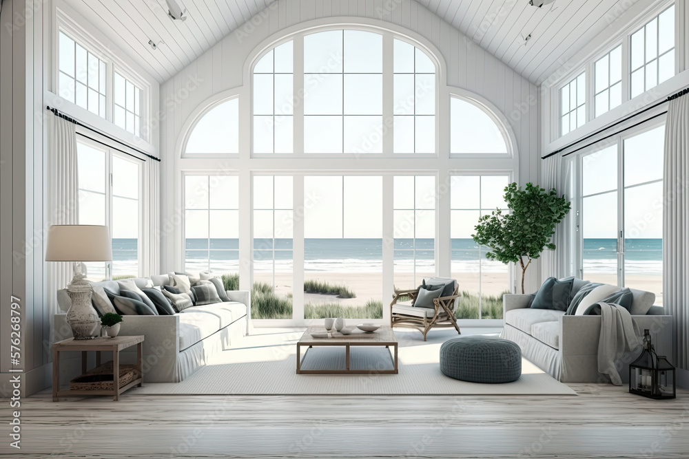 Summer beach house with furniture has a living room with a view of the ocean. inside a vacation home or villa Summer beach house with furniture has a living room with a view of the ocean. inside a vacation home or villa