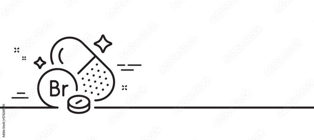 Bromine mineral line icon. Chemical element Br sign. Capsule or pill symbol. Minimal line illustration background. Bromine mineral line icon pattern banner. White web template concept. Vector Bromine mineral line icon. Chemical element Br sign. Capsule or pill symbol. Minimal line illustration background. Bromine mineral line icon pattern banner. White web template concept. Vector