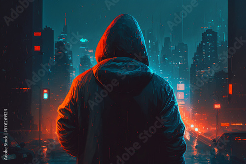 Unrecognizable man in hood on background of city on rainy night. Faceless thief or criminal hiding identity on street, rear view. Generative AI illustration