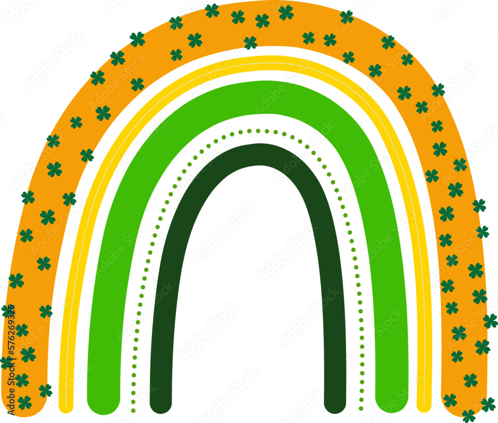 vector boho rainbow in green, orange, and white, complete with clovers. Add a pop of color and good luck to your St. Patrick's Day designs. create digital or print projects. vector boho rainbow in green, orange, and white, complete with clovers. Add a pop of color and good luck to your St. Patrick's Day designs. create digital or print projects.