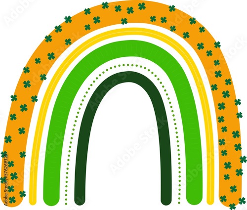 vector boho rainbow in green, orange, and white, complete with clovers. Add a pop of color and good luck to your St. Patrick's Day designs.  create digital or print projects.