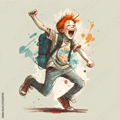 excited, young redhead boy with backpack on isolated background, made with generative ai