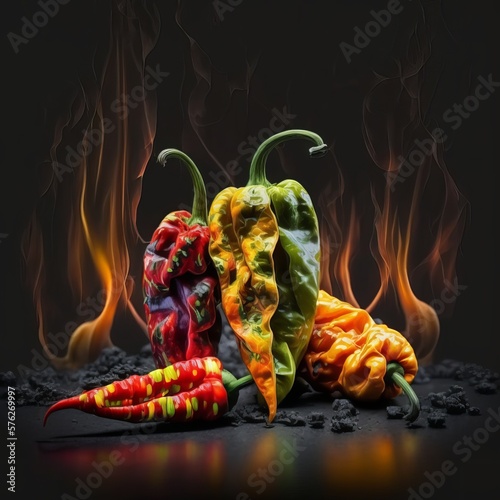 Colorful Chillis, Chile's with flames and fire. Hot Chillis photo
