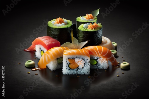Traditional japanese sushi sashimi on dark background. Set of sushi and maki. Generative AI.