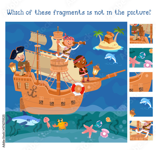 Find fragments. Educational puzzle game for children. Wooden old ship with sails and cannons. Cute pirates and sea creatures. Color illustration. 