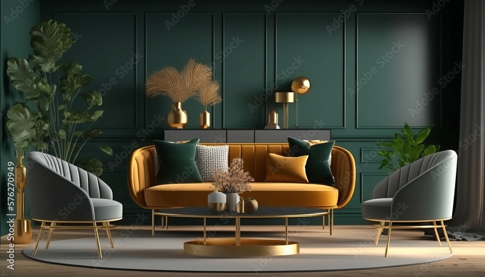 Modern Plush, luxurious interior living room. Ultra modern, minimalistic and contemporary. mockup decorated room with plants. 3d render. High quality 3d illustration