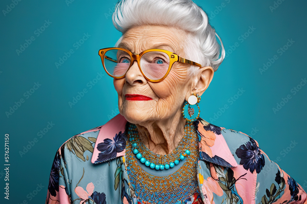 cool old lady with fashionable clothes portrait on colored background - Youthful grandmother with extravagant style, concepts about lifestyle, seniority and elderly people. Generative AI