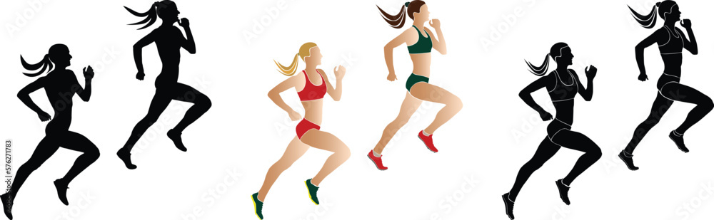 set women runners sprinters run: black and colored silhouette set women runners sprinters run: black and colored silhouette