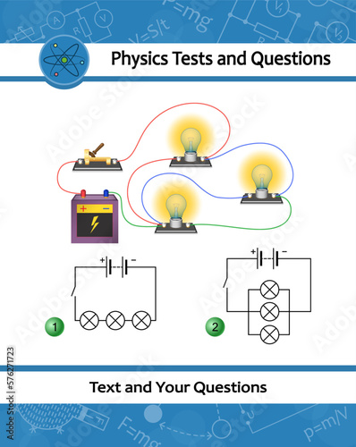 Physical experiment of studying laws of electricity. Ohm's law diagram. Electric current voltage resistance in an circuit. Parallel circuit consisting of connected lightbulbs, battery and switch.