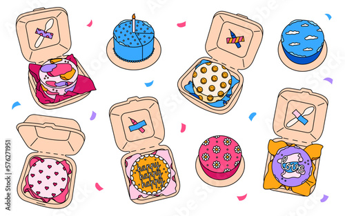 Collection of bento cakes in a package with celebration candle and spoon. Flat vector illustration on white background.