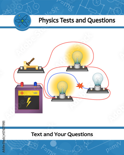 Physical experiment of studying electric current in an electrical circuit. Circuit consisting of connected lightbulbs, battery and switch. Open circuit. Practical laboratory work at physics lesson.