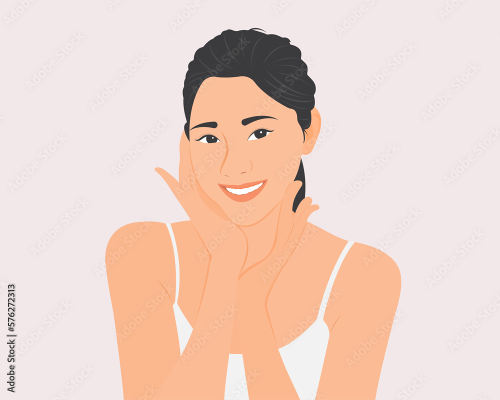 Beautiful young woman smiling happily with radiant skin.Beauty or health care concept vector illustration. Beautiful young woman smiling happily with radiant skin.Beauty or health care concept vector illustration.