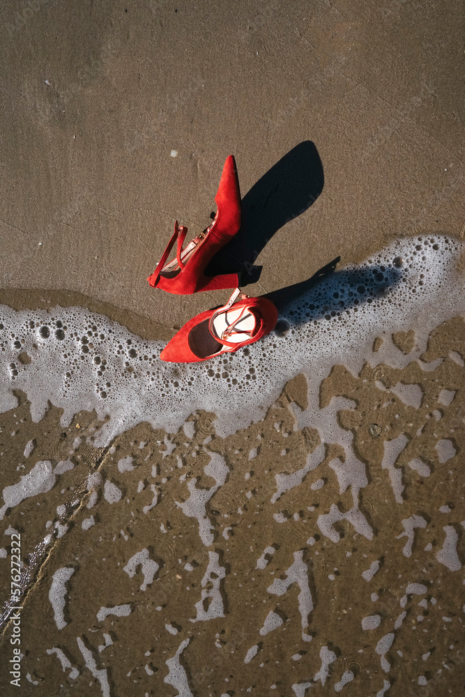 custom made wallpaper toronto digitalRed high heels with retro style abandoned in a seashore near the sea