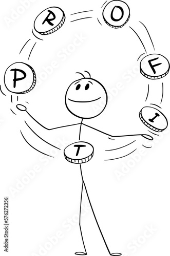 Businessman Juggling With Word Profit, Vector Cartoon Stick Figure Illustration