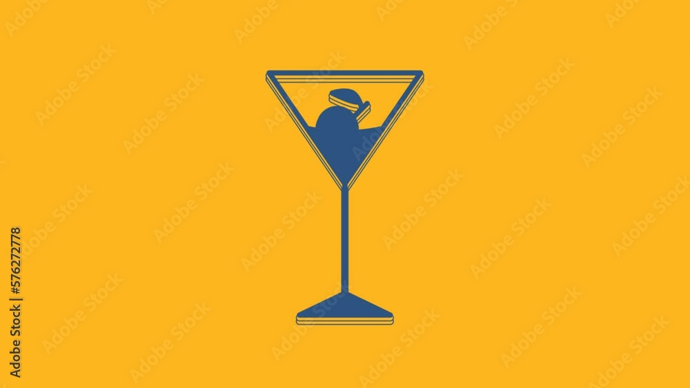 Blue Martini glass icon isolated on orange background. Cocktail icon. Wine glass icon. 4K Video motion graphic animation Blue Martini glass icon isolated on orange background. Cocktail icon. Wine glass icon. 4K Video motion graphic animation