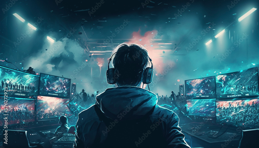 © MxCaptures - Esports Players in Action in a High-Tech Stadium Filled with Spectators - Generative Ai