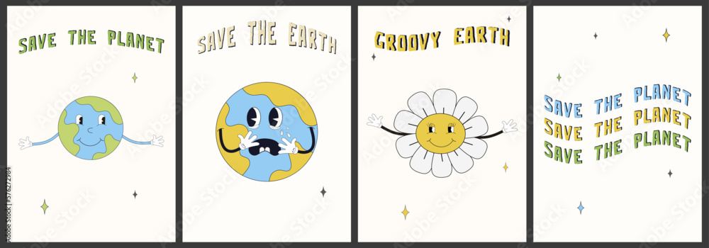Earth Day.Concept of World Environment Day in y2k style.Save the Earth.Cartoon cute earth planet character. World Environment Day.Earth day posters in retro cartoon style.
