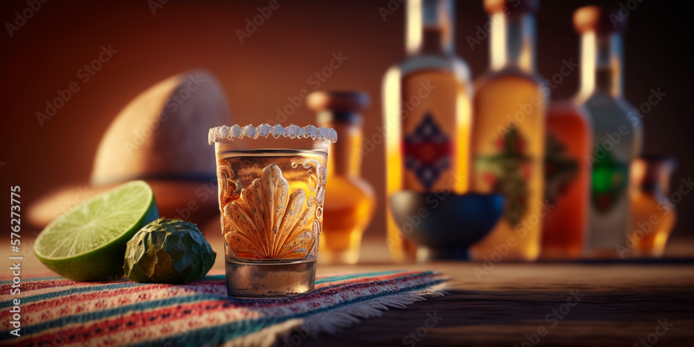 Obraz premium A still life of colorful glasses and bottles of tequila and mezcal, a Mexican spirit, creates a beautiful bokeh effect.