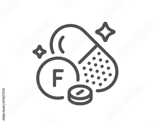 Fluorine mineral line icon. Chemical element F sign. Capsule or pill symbol. Quality design element. Linear style fluorine mineral icon. Editable stroke. Vector