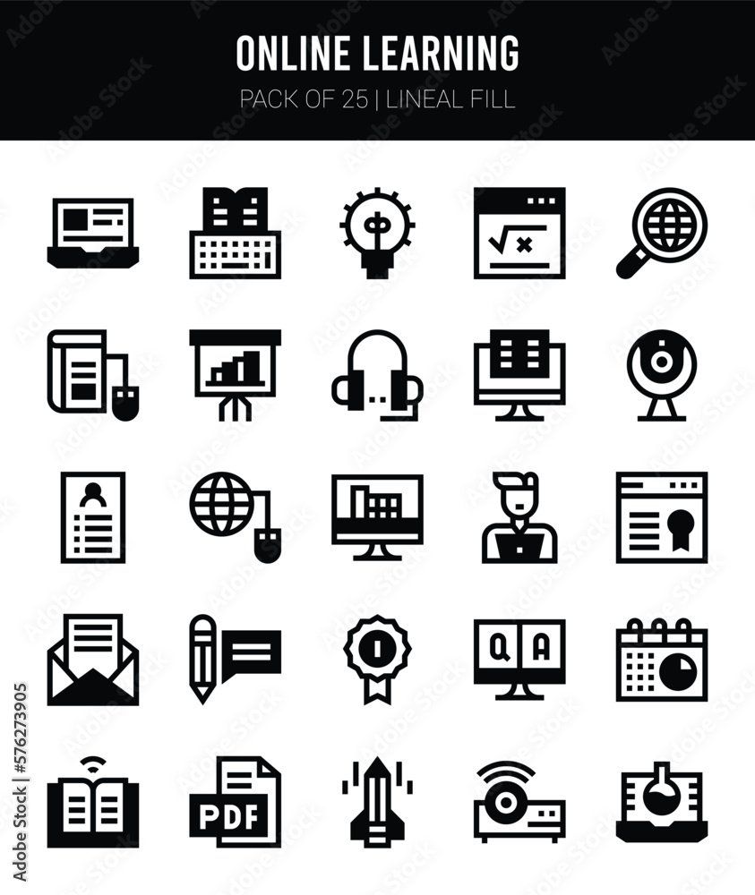 25 Online Learning Lineal Fill icons Pack vector illustration. 25 Online Learning Lineal Fill icons Pack vector illustration.