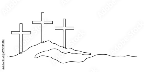 Three Calvary Crosses on the hill. Christianity religion concept. Continuous line drawing. 