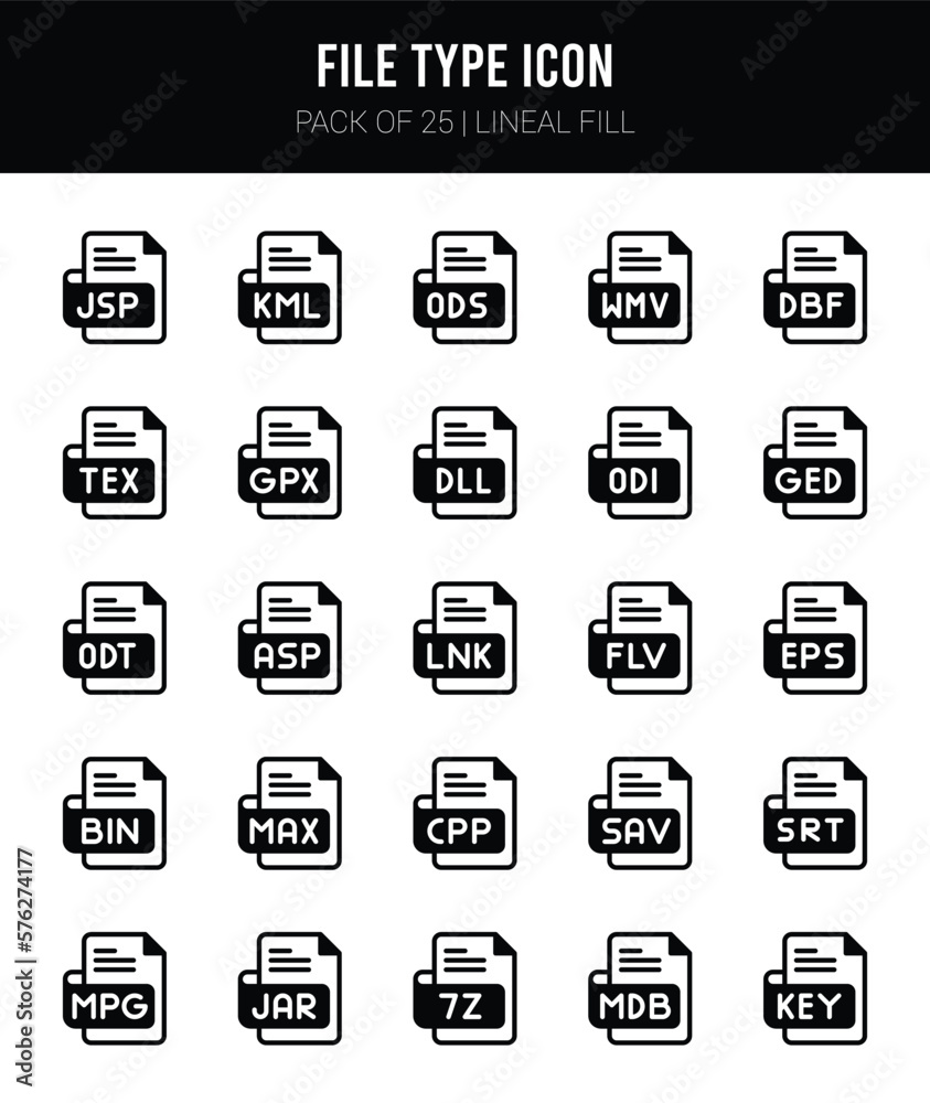25 File Type Lineal Fill icons Pack vector illustration.
