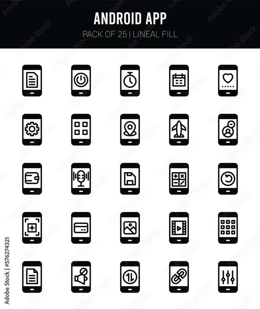 25 Android App Lineal Fill icons Pack vector illustration. 25 Android App Lineal Fill icons Pack vector illustration.