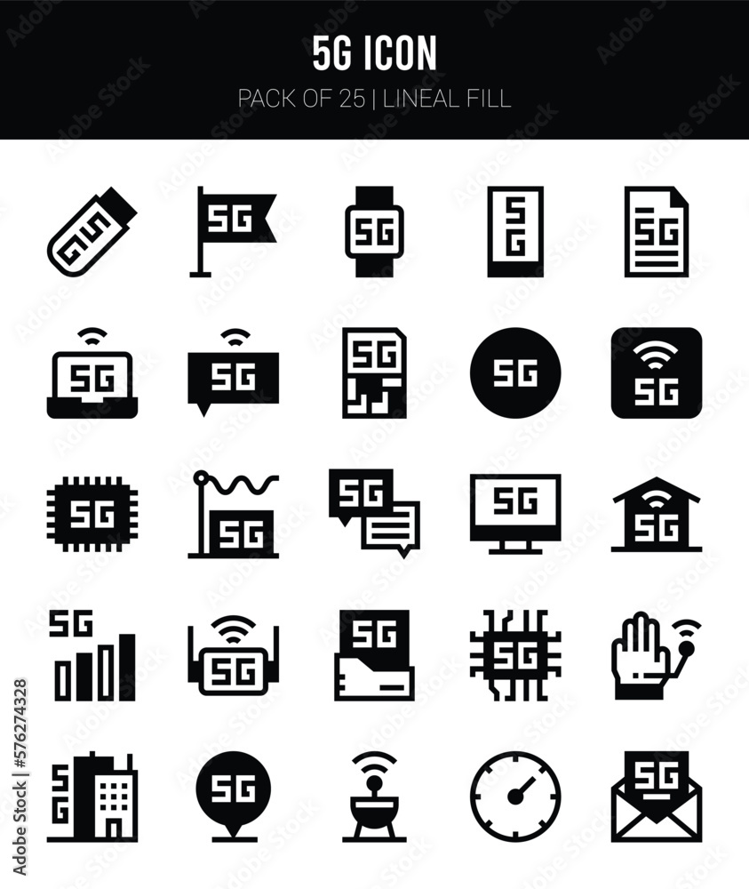 25 5G Lineal Fill icons Pack vector illustration.