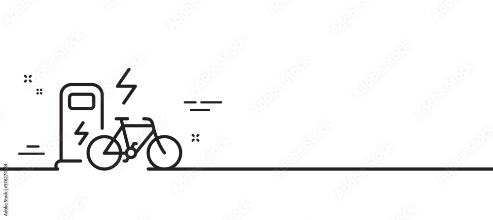 Electric bike line icon. Motorized bicycle transport sign. Charge ebike symbol. Minimal line illustration background. Electric bike line icon pattern banner. White web template concept. Vector