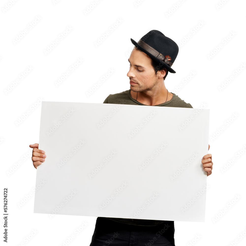 This offer looks good. A handsome young man holding a placard.