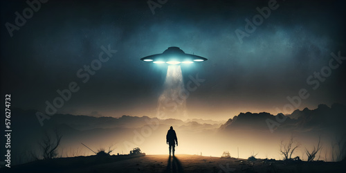 Flying saucer flies at night in sky oversilhouette of man standing in field. Alien abduction. Created with Generative AI photo