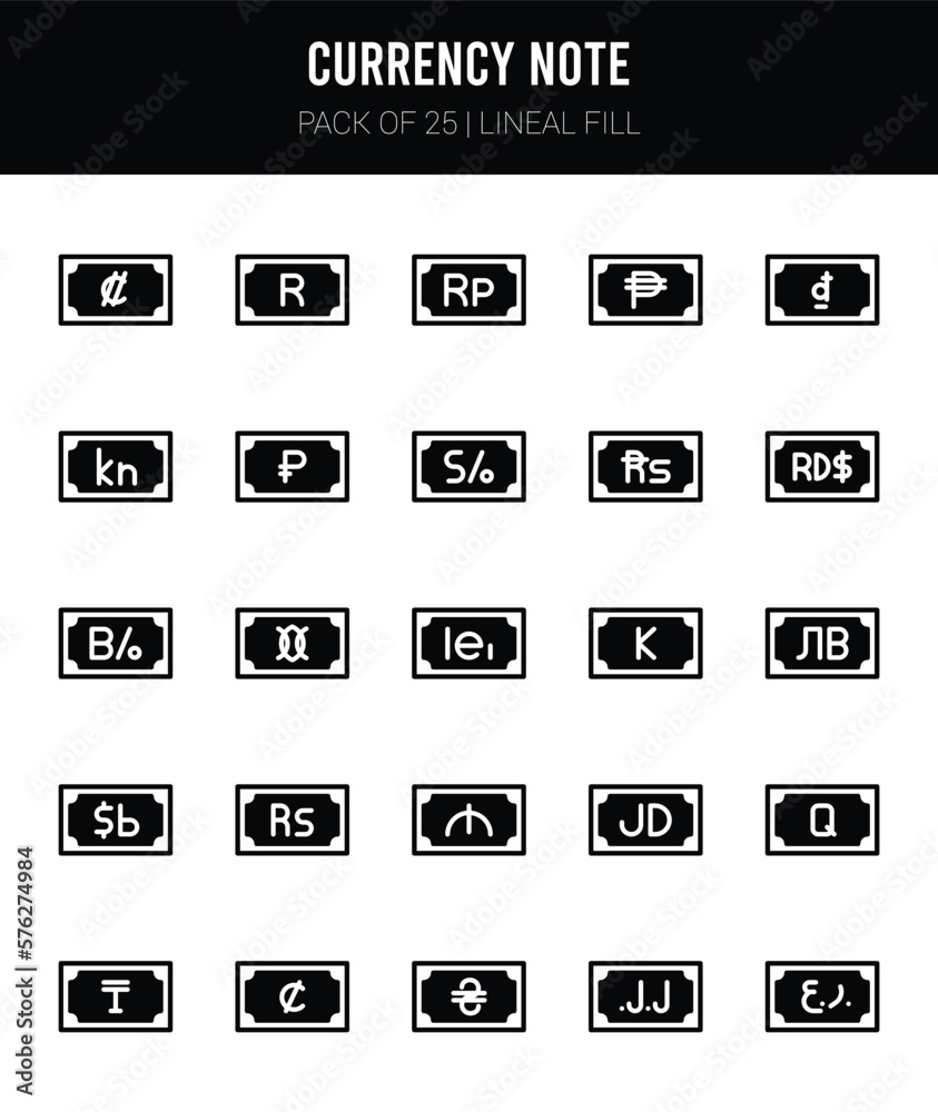 25 Currency Note Lineal Fill icons Pack vector illustration.