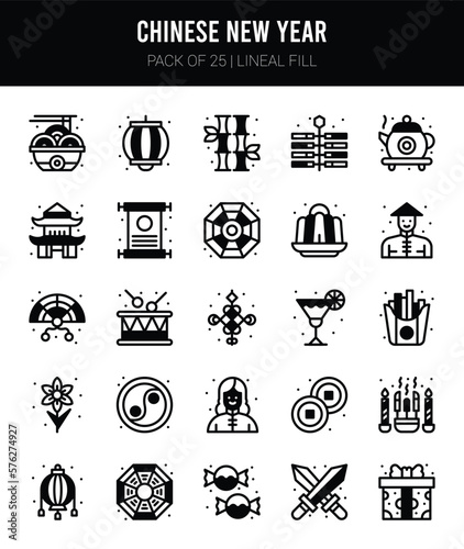 25 Chinese New Year  Lineal Fill icons Pack vector illustration.