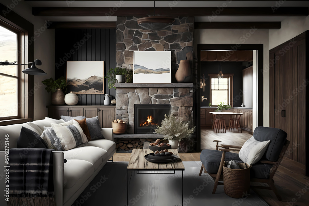 A living room with a focus on natural materials and textures, featuring a mix of light and dark wood tones, natural stone accents, and woven textiles, Generative AI