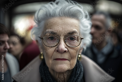 Old woman with grey hair in the crowd, gloomy sinister atmosphere, fictitious person. AI generated image