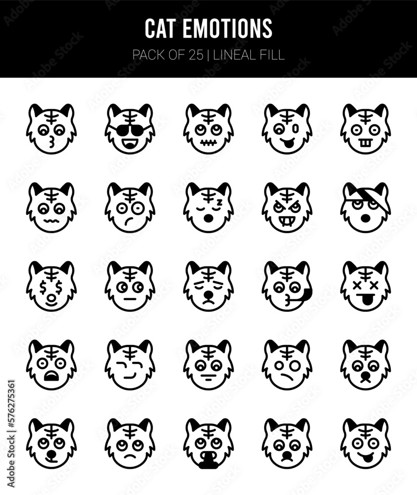 25 Cat Emotions Lineal Fill icons Pack vector illustration. 25 Cat Emotions Lineal Fill icons Pack vector illustration.