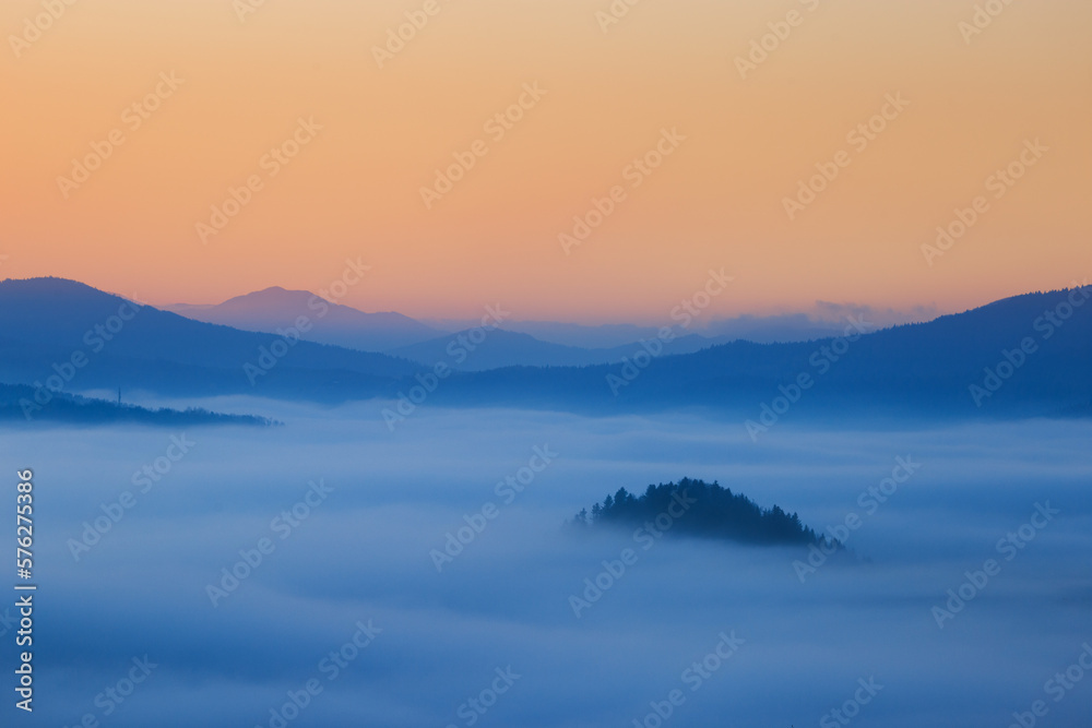 fog filling the mountain valley, Bieszczady